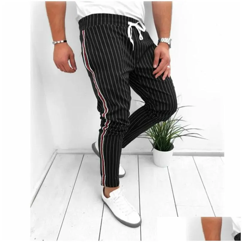 Men Summer Casual Long Pants Sport Gym Slim Fit Running Joggers Stripe Long Trousers Sweatpants 2020 New