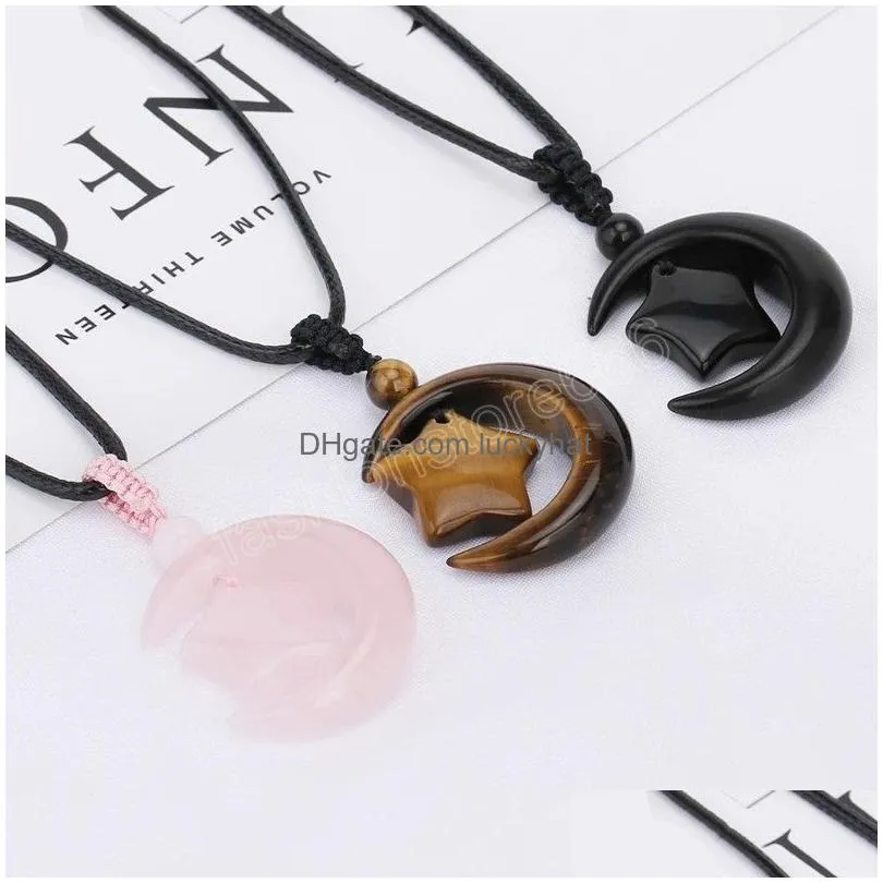 Pendant Necklaces Moon Star Crystal Necklace For Women Natural Stone Healing Rose Pink Tiger Eye Jewelry Man Drop Delivery Pendants Dh1Bt