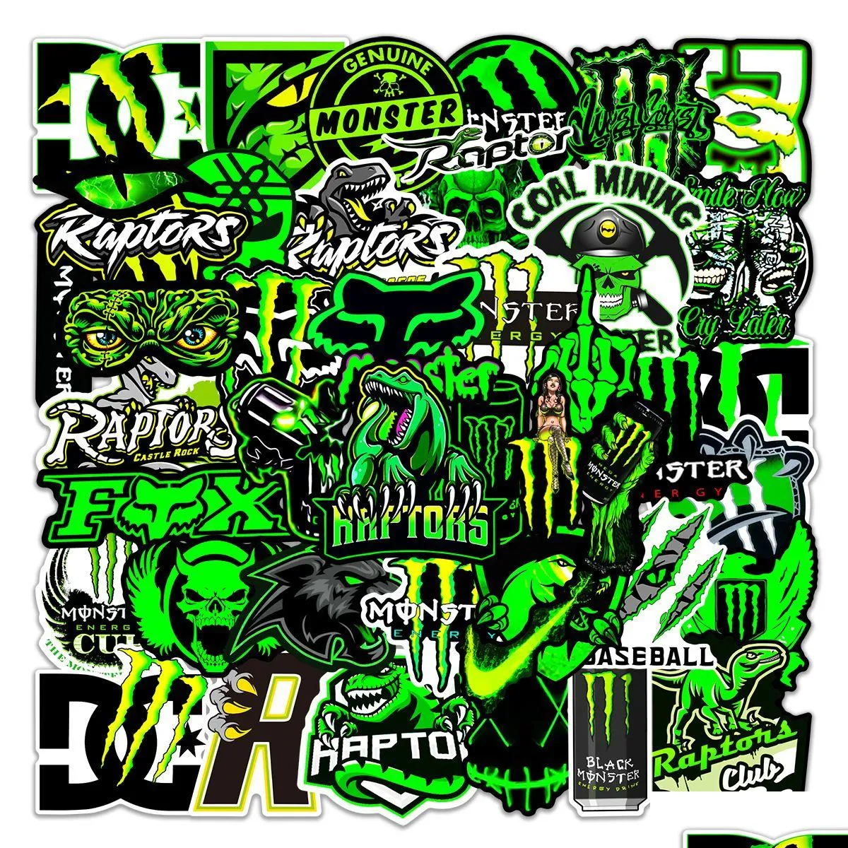 50Pcs Green Fluorescent Dazzle Personality Trend Sticker Monster hunter Stickers Graffiti Kids Toy Skateboard Car Motorcycle Bicycle Sticker