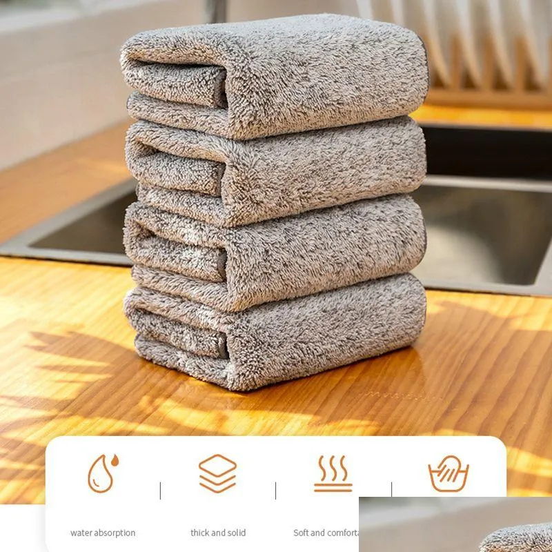 1 3Pcs Strong Bamboo Charcoal Dishcloth Microfiber Kitchen Towel Thickened Absorbent Non stick Oil Rags Home Cleaning 220926