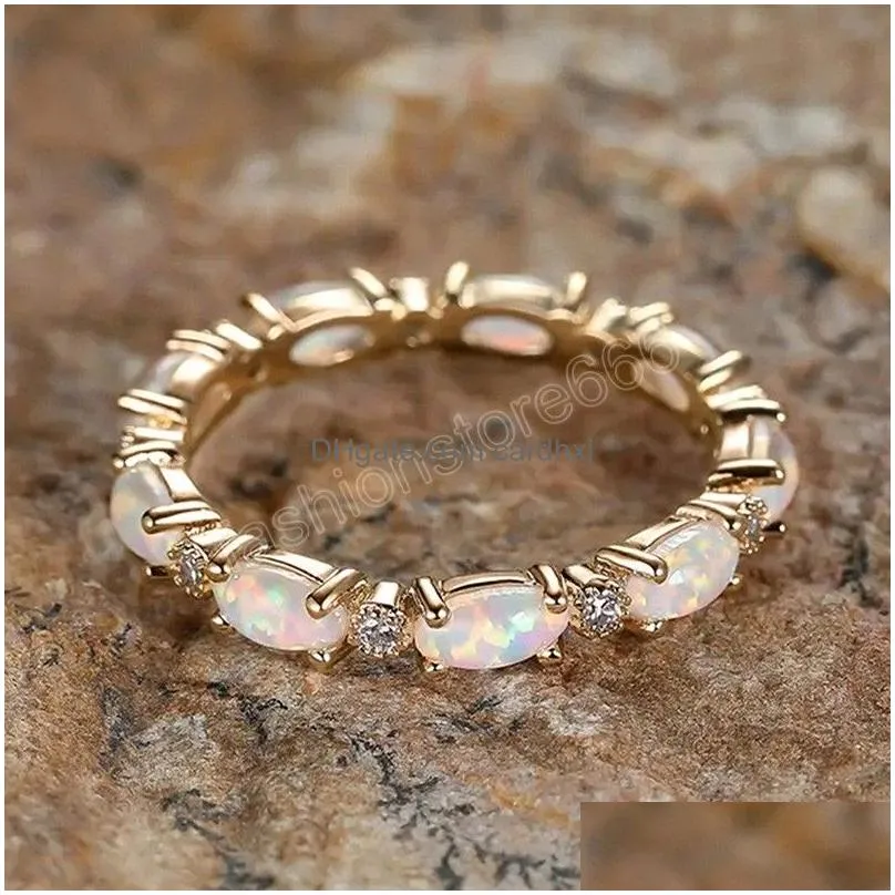 Band Rings White Opal Oval Stone Sier Zirconia Crystal Engagement Wedding Fly-Jewelled Boho Drop Delivery Jewelry Ring Dhfap