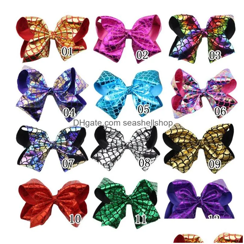 8 Inch Mermaid Scale Hair Bows JOJO Bow Baby Girls Big Large Rainbow Colorful Design Children Hair Clips Fashion Hair Accessories for