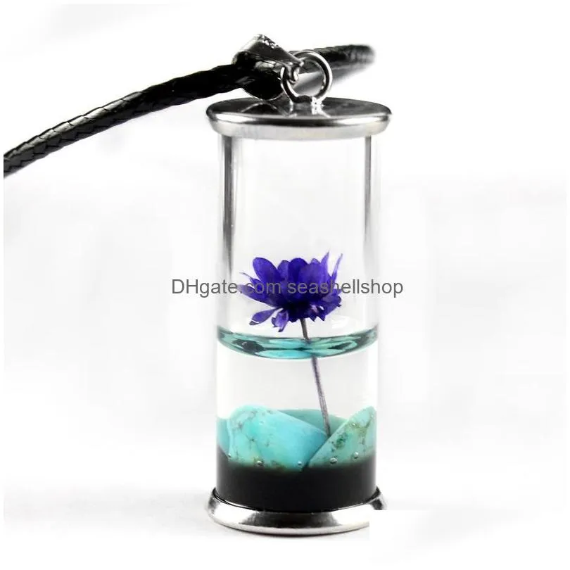 Women Pendant Necklace Transparent Glass Bottle Handmade Dried Flower Lotus Permanent Preservation Jewelry Turquoise Wax Rope Necklace