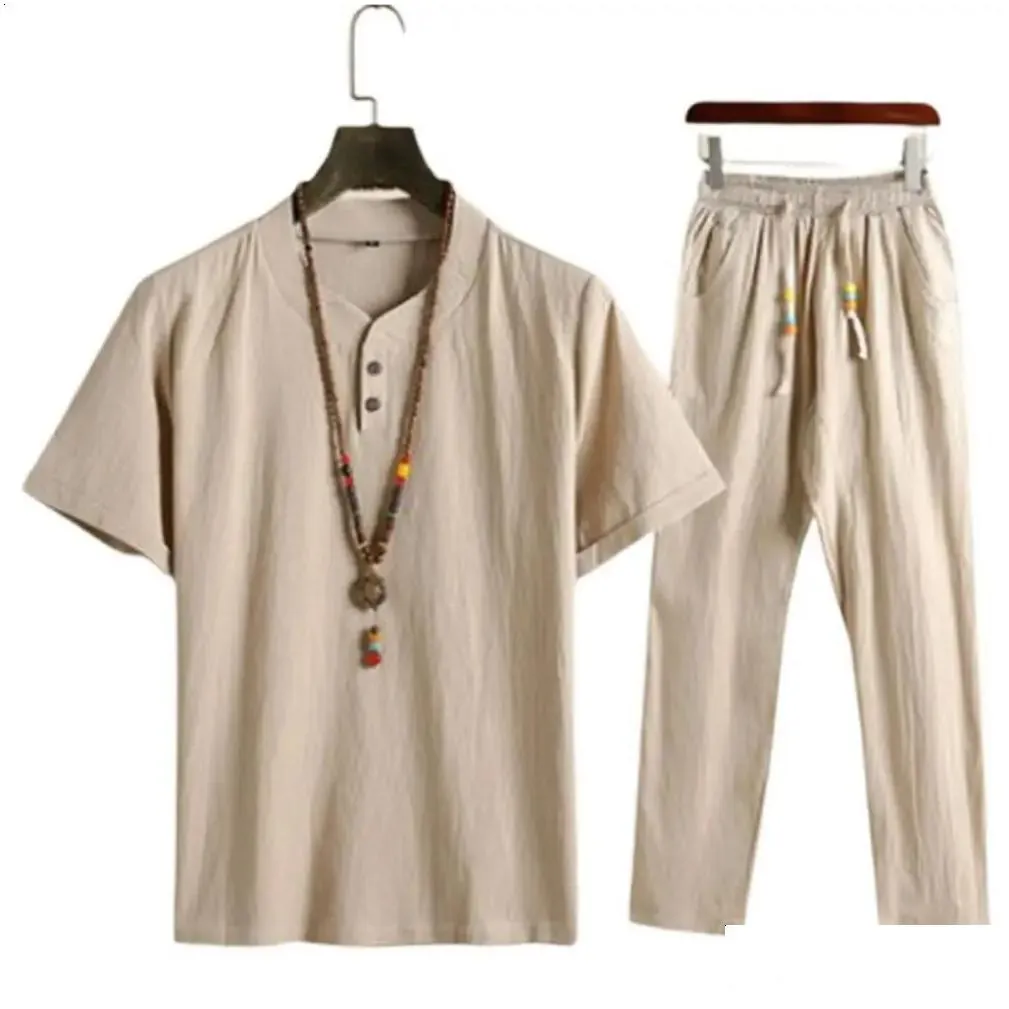 Men`S Tracksuits Summer Fashion Men Shirts Trousers Set Cotton And Linen Short Sleeve Mens Casual Top Pants Outfit M4Xl 240403 Drop D Ot7Ut