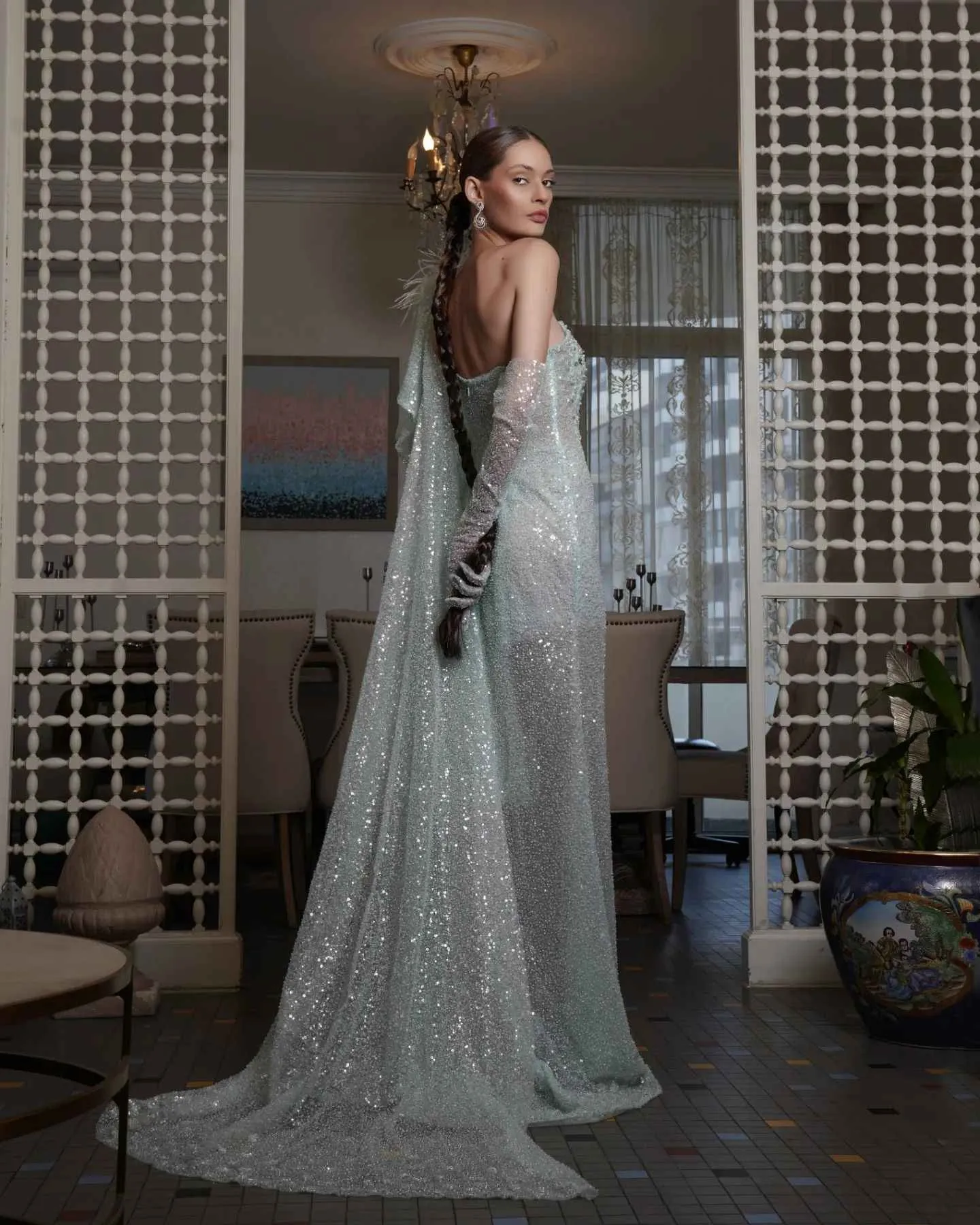 Unique Column Prom Dresses One-Shoulder Sleeveless Sweep Train Lace Feather Sequins Appliques Beaded Celebrity Evening Dresses Plus Size Custom Made L24643