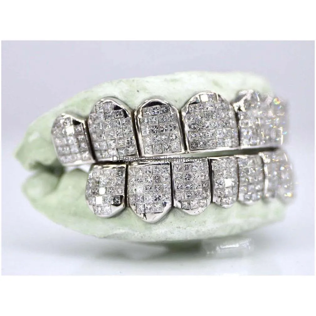 Invisibleset Princess Cut Diamond Grillz - Natural Sll Quality Iced Out Bussed Downs Hip Hop Jewelry for Rappers