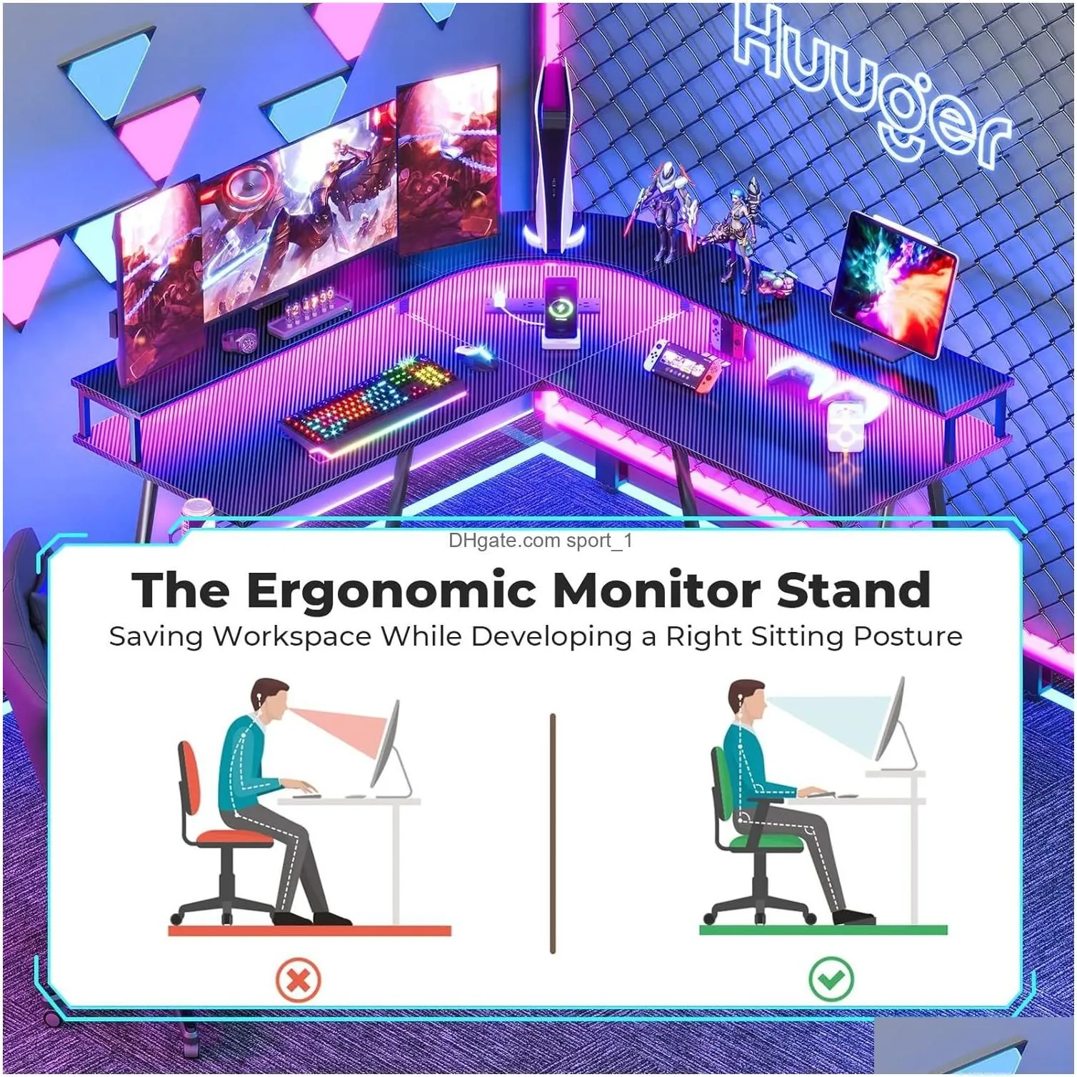 Bedroom Furniture Desk With Led Light And Power Outlet Family Corner Table Monitor Stand Cup Holder Hook Carbon Fiber Black Drop Del