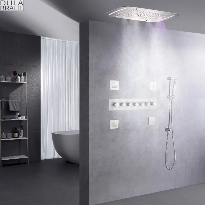 Brushed LED Rain Shower System Set 28X17 Inch Large Bathroom Waterfall Rainfall And Thermostatic Message Sprayer Body Jets Multi Functions Work