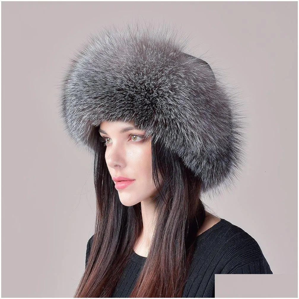 BeanieSkull Caps 100% natural Fur Hat Women Cap Thick Fur Cap Winter Warm Hat Female Fashion For Women Hat With Earmuffs Hat 230926