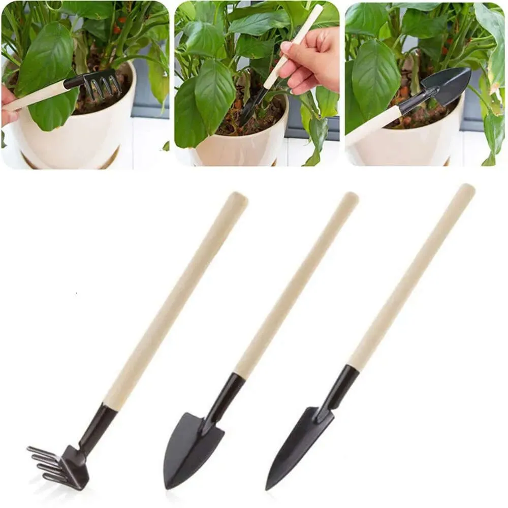 Gardening Handle Wood Mini Tools Metal Plants Shovel Rake Spade for Flowers Potted Plant 3pcs/set