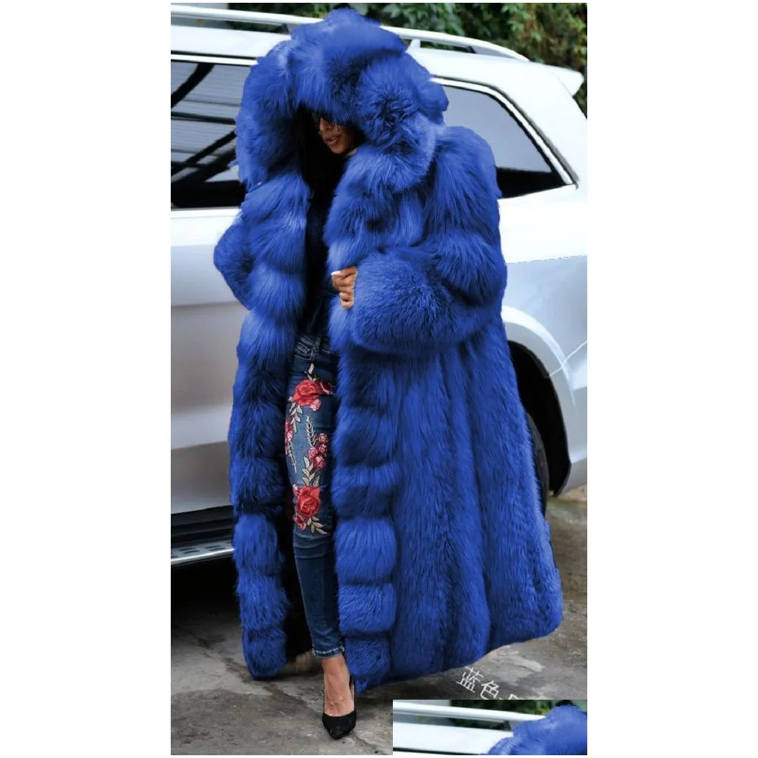 Women`S Fur & Faux Fashion Long Winter Hooded Coat Loose Thick Warm Plus Size Artificial Jacket Women Fl Sleeve Outerwear Drop Deliver Otoua