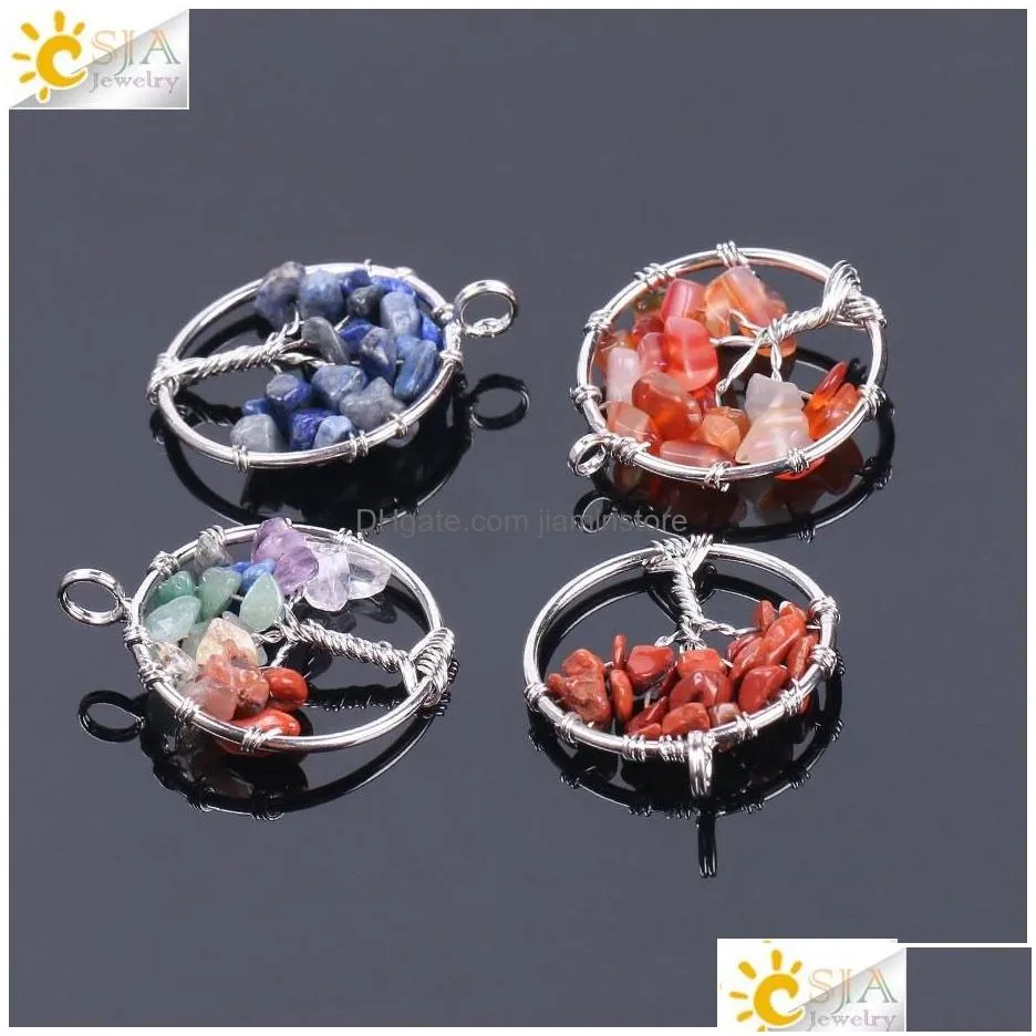 Pendant Necklaces Csja Tree Of Life Wholesale Natural Chakra Gemstone Beads Chips Sier Charms For Necklace Choker Earring Bracelet J