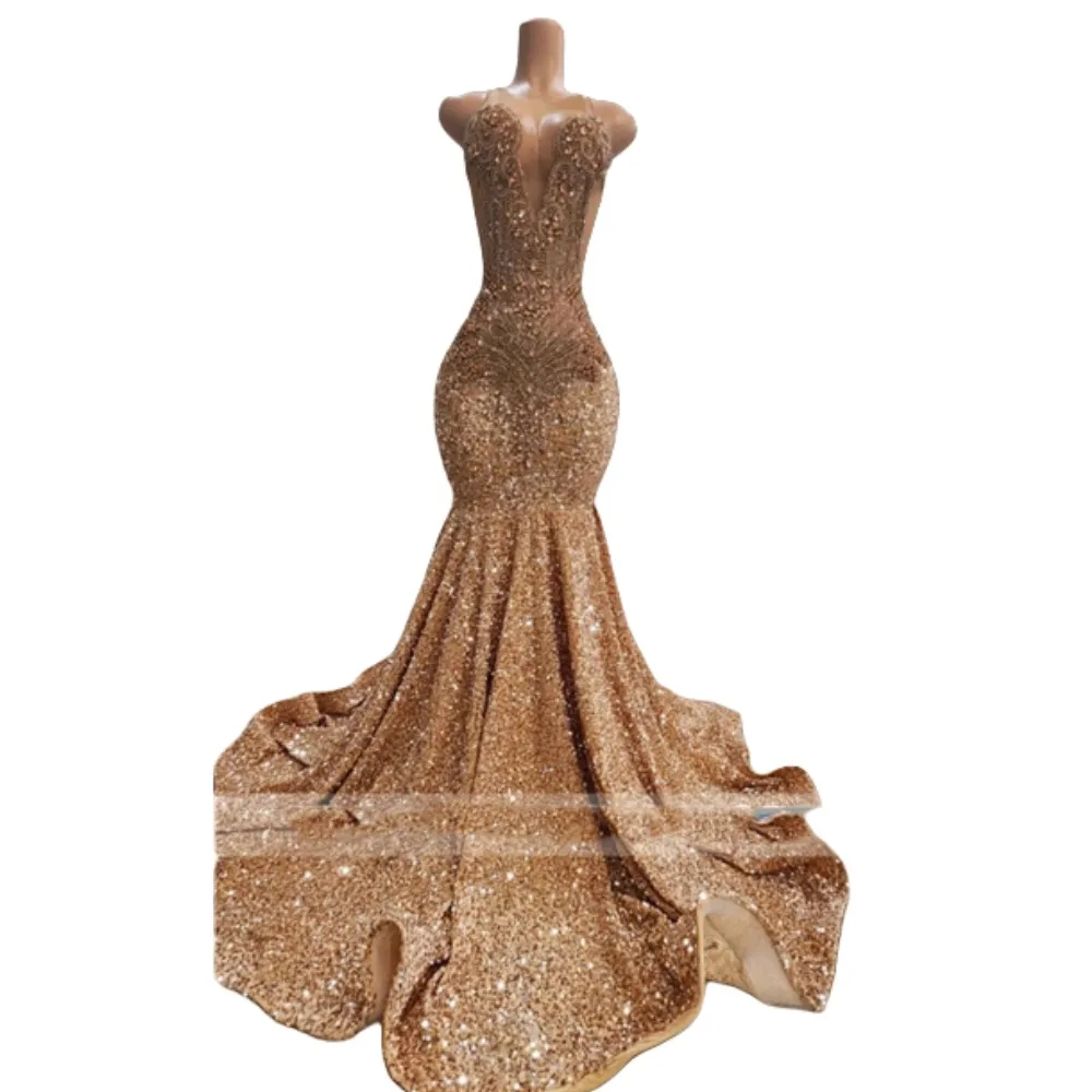 2024 Sexy Prom Dresses Jewel Neck Illusion Sequined Lace Sequins Gold Crystal Beads Sleeveless Mermaid Evening Party Gowns Special Occasion Wears Open Back