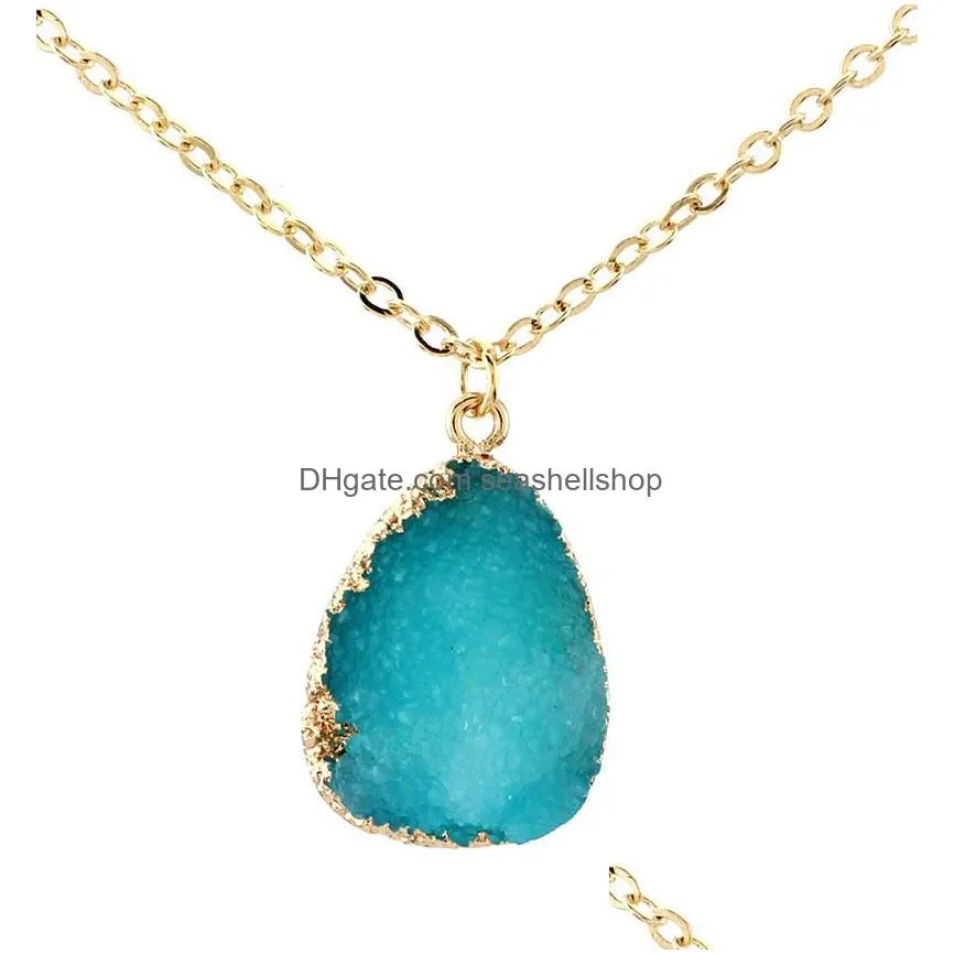 Geometry Stones Pendant Necklace Irregular Resin Stone Druzy Necklaces Gold Plated Link Chain for Elegant Women Girls Fashion Design Jewelry Gifts 8