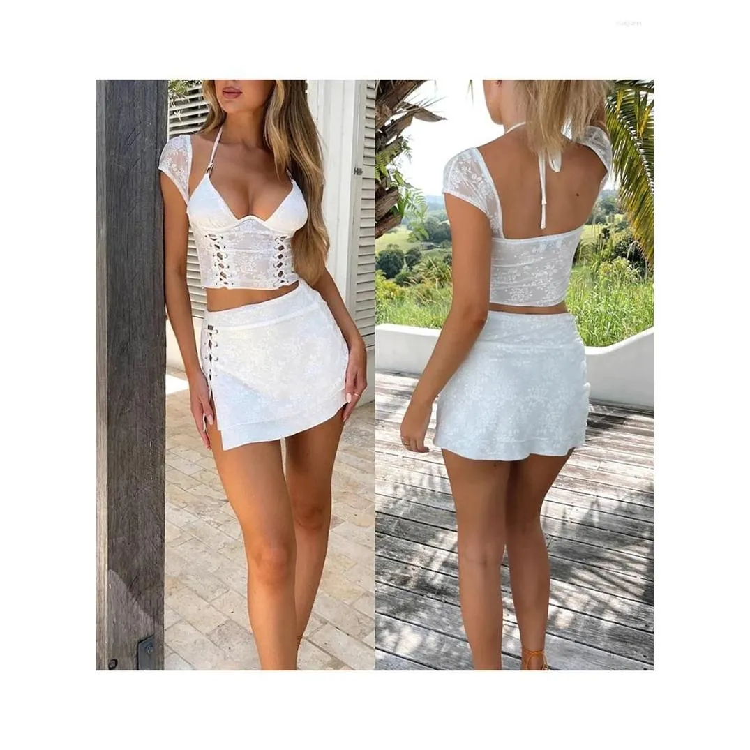 Women`S Tracksuits Womens Women Summer Skirts Outfits Lace Tie-Up Halter Neck Cap Sleeve Backless Tops Mini 2 Pieces Clothes Set Drop Ot20Z