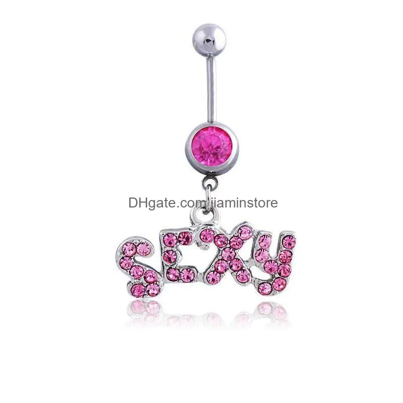 Navel Bell Button Rings Sexy Letter Wasit Belly Dance Crystal Body Jewelry Stainless Steel Rhinestone Piercing Dangle For Women Dr