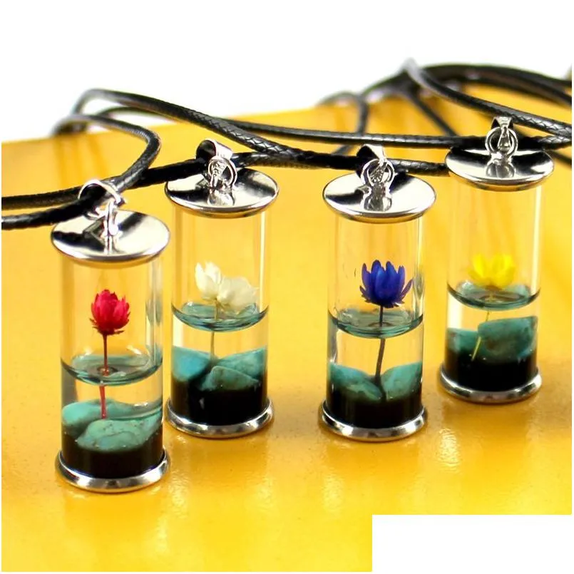 Women Pendant Necklace Transparent Glass Bottle Handmade Dried Flower Lotus Permanent Preservation Jewelry Turquoise Wax Rope Necklace