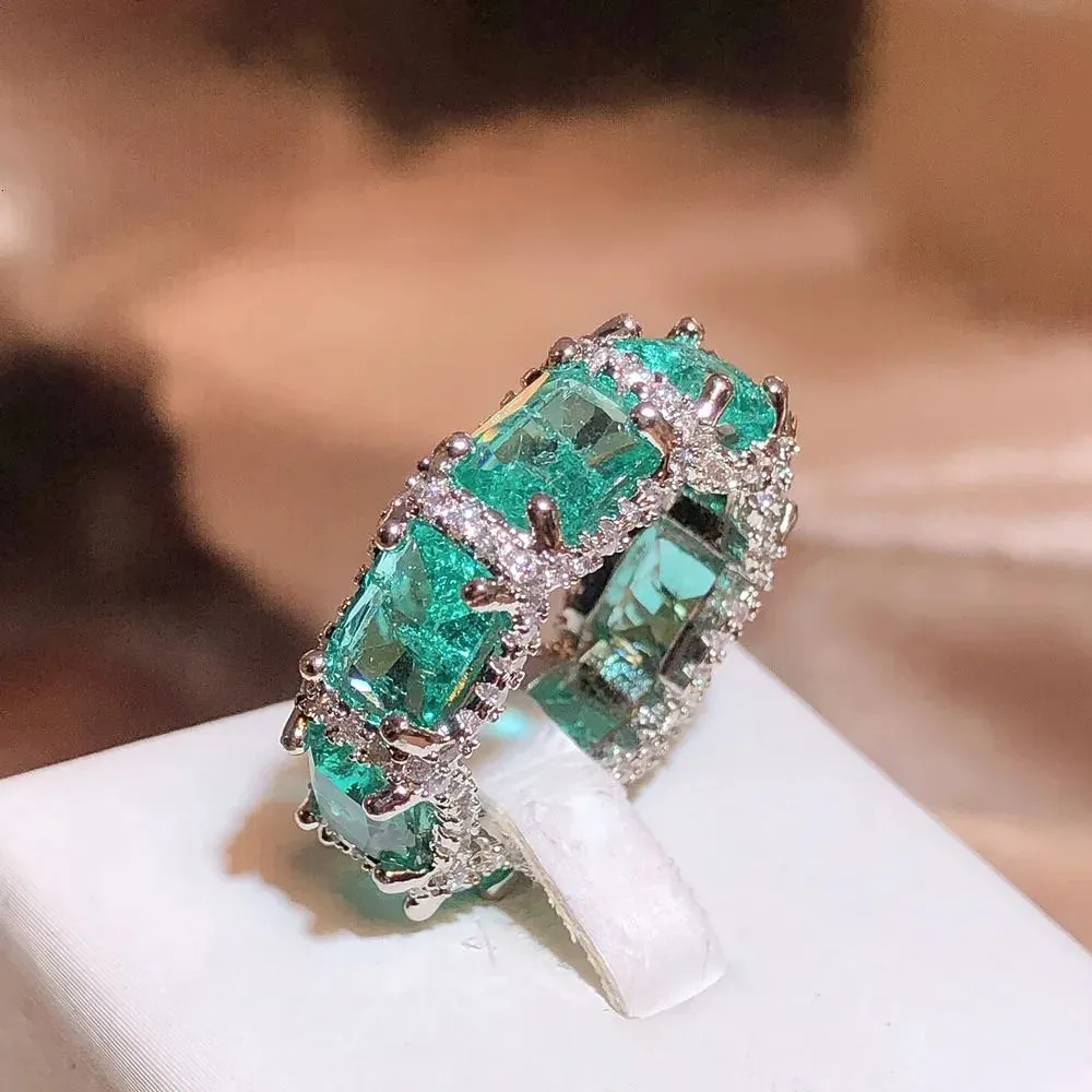 Band Rings 925 Stamp High definition Paraiba Zircon Jewelry Heavy Industry Inlaid Aquamarine Topaz Ring Women`s Party Wedding 231009