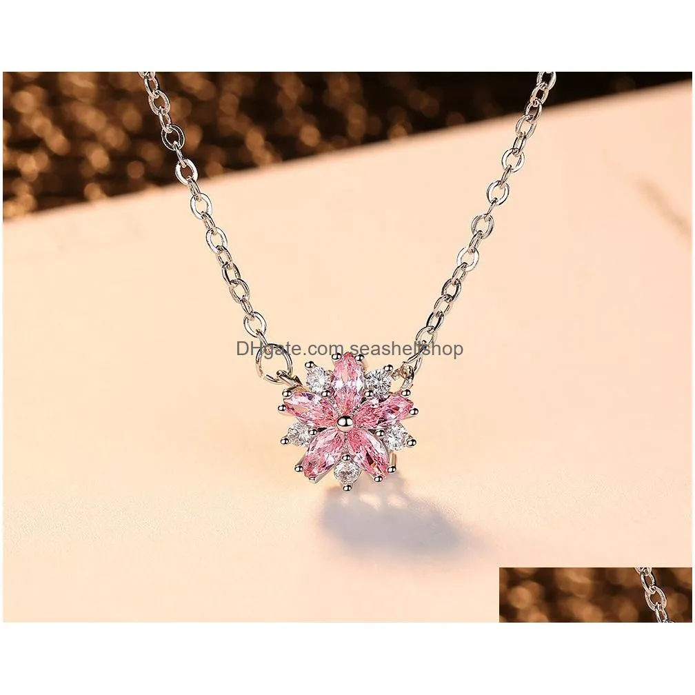Crystal Flower Pendant Necklaces Women Silver Link Chain Pink Sakura Cherry Valentines Day Christmas Jewelry Birthday Gifts for Girl