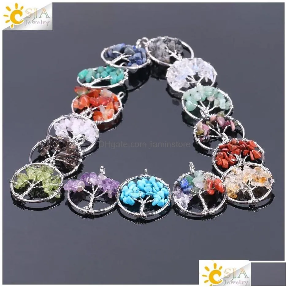 Pendant Necklaces Csja Tree Of Life Wholesale Natural Chakra Gemstone Beads Chips Sier Charms For Necklace Choker Earring Bracelet J