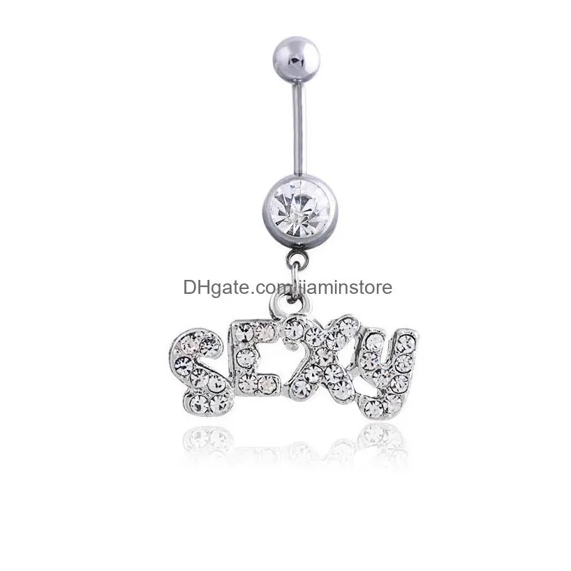 Navel Bell Button Rings Sexy Letter Wasit Belly Dance Crystal Body Jewelry Stainless Steel Rhinestone Piercing Dangle For Women Dr