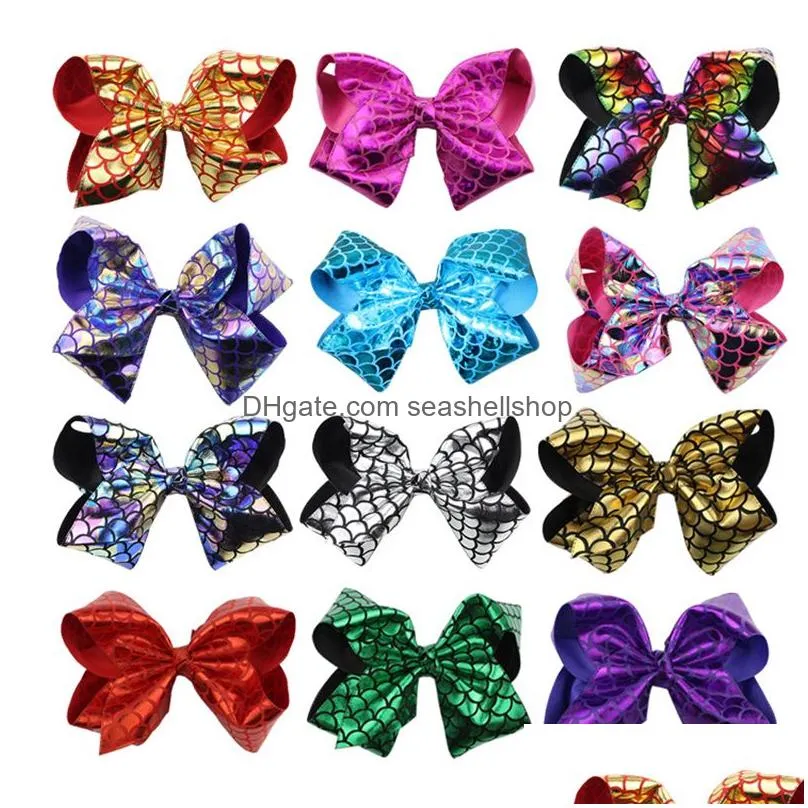 8 Inch Mermaid Scale Hair Bows JOJO Bow Baby Girls Big Large Rainbow Colorful Design Children Hair Clips Fashion Hair Accessories for