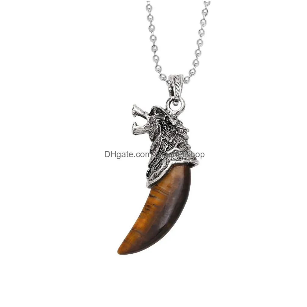 Mens Wolf Teeth Pendant Necklaces Personality Retro Exaggerated Natural Stone Opal Amethyst Unakite Onyx Green Aventurine Tiger Eye Silver Chain Jewlery for