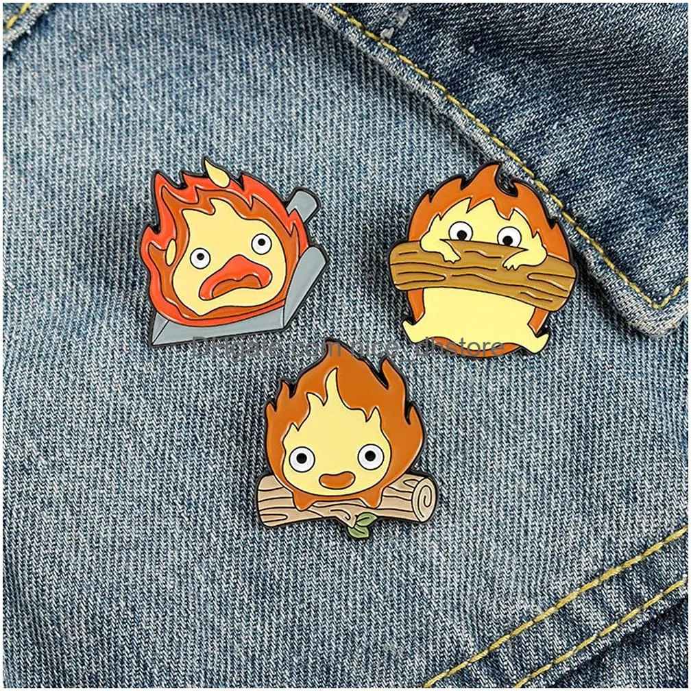 calcifer anime pins for backpacks aesthetic funny enamel pins set for hats cute cartoon brooches pins for jackets