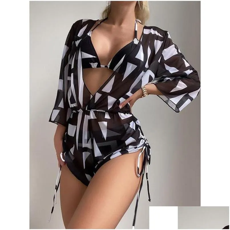 Swim Wear 2023 New 3 Piece Bikini Set High Waist Swimsuit Women Long Sleeve Er Up Print Halte Ggitys Channels Burburriness Luis Louies Othfd