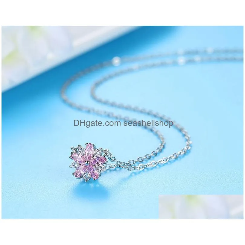 Crystal Flower Pendant Necklaces Women Silver Link Chain Pink Sakura Cherry Valentines Day Christmas Jewelry Birthday Gifts for Girl