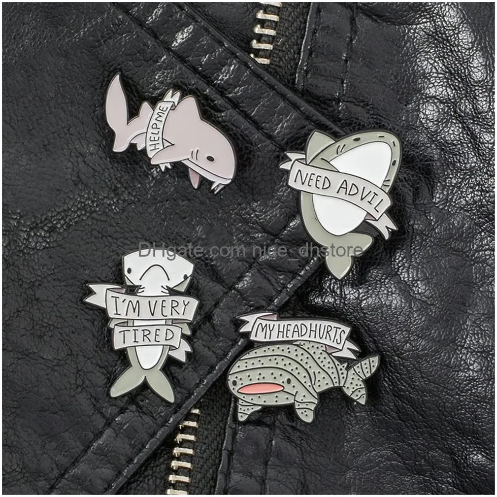 cute marine animal enamel pins metal help me i am tired and depressed shark cartoon pin badge backpack denim brooch for friends
