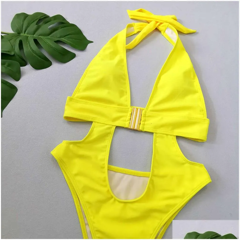 Women`S Swimwear 2024 Yisiman New Solid Color Integrated Deep V Y Buckle Design Bikini Drop Delivery Apparel Clothing Otbem