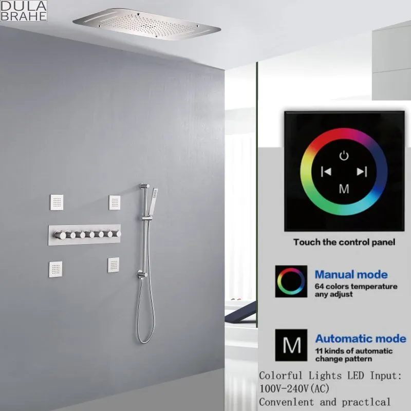 Brushed LED Rain Shower System Set 28X17 Inch Large Bathroom Waterfall Rainfall And Thermostatic Message Sprayer Body Jets Multi Functions Work