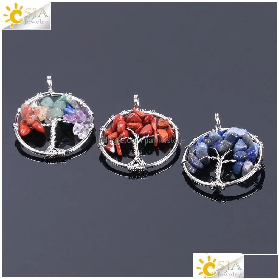 Pendant Necklaces Csja Tree Of Life Wholesale Natural Chakra Gemstone Beads Chips Sier Charms For Necklace Choker Earring Bracelet J
