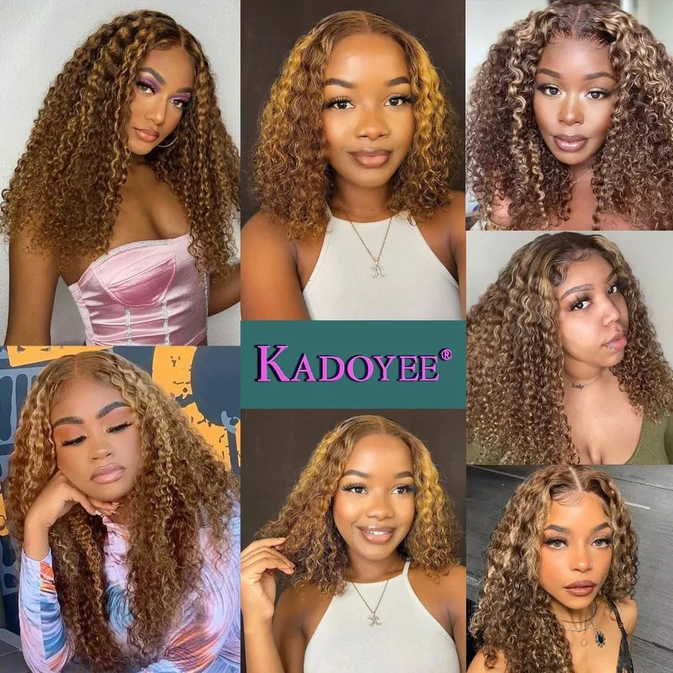 Synthetic Wigs Ombre Brown Blonde Lace Front Wigs Highlight Curly Bob Wig Deep Curly Human Hair Wigs for Women 180% Brazilian 13x4 Lace Frontal