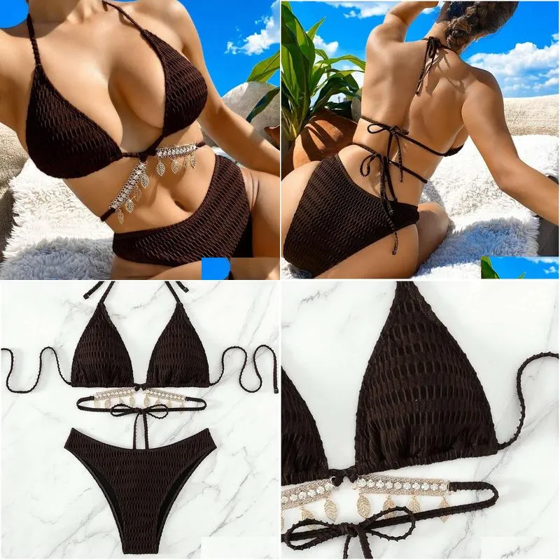 Women`S Swimwear Y Strap Swimsuit Chest Chain Pendant Special Three Point Beach Wear Womens Bikini Drop Delivery Apparel Clothing Otxmg