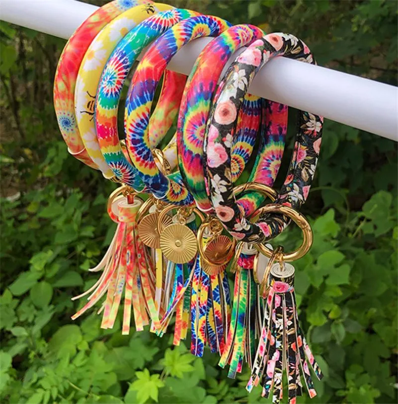 Fashion Party Favor Multiple Designs Sun Flower Pattern key chain Leather Wrap Tassels Bracelets Keychain Wristlet Bracelet Tassel Round Bangle