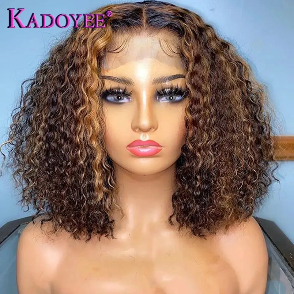 Synthetic Wigs Ombre Brown Blonde Lace Front Wigs Highlight Curly Bob Wig Deep Curly Human Hair Wigs for Women 180% Brazilian 13x4 Lace Frontal