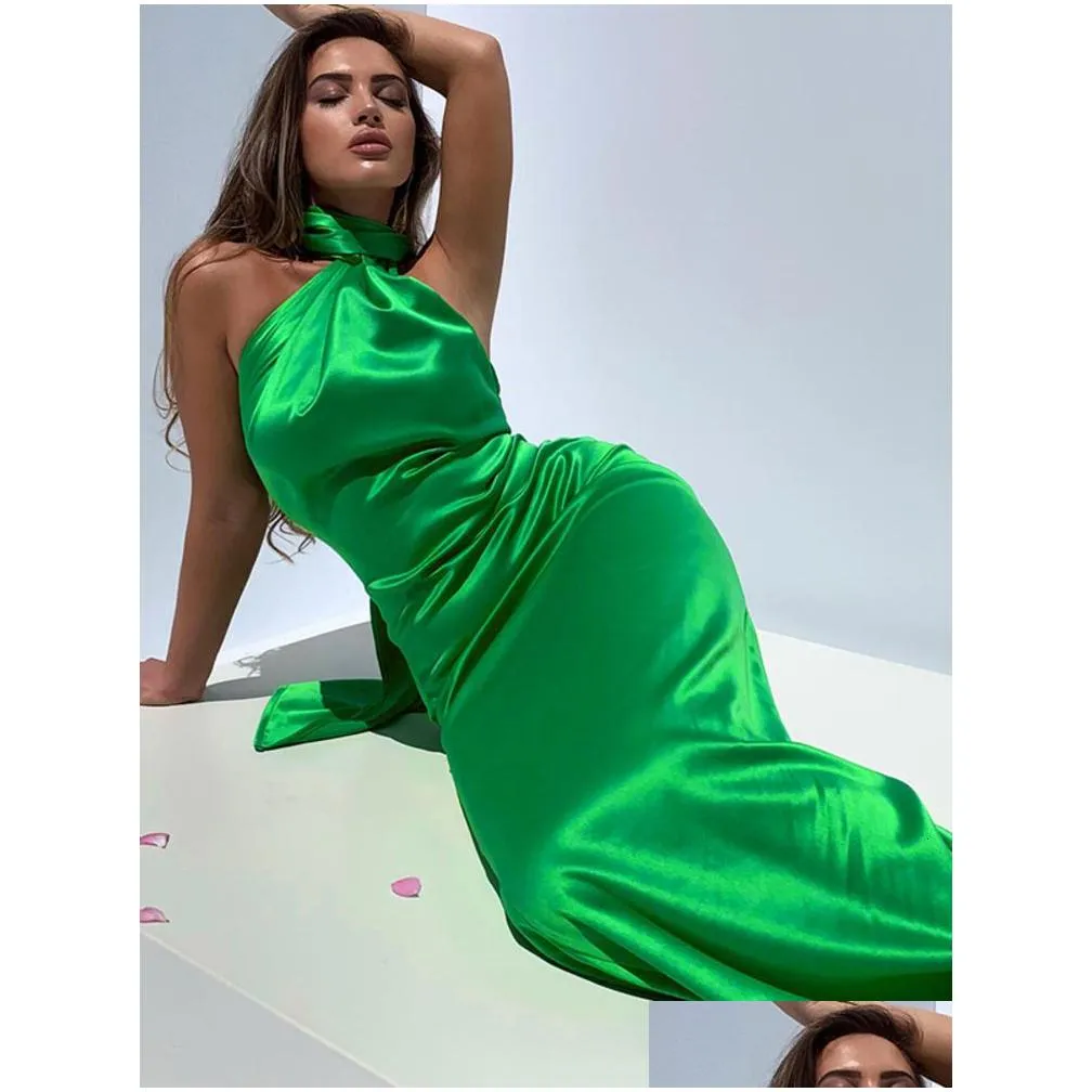 Casual Dresses Mozision Elegant Satin Backless Maxi Dress Women Gown Summer Halter Sleeveless Backless Bodycon Long Club Party Dress Vestido