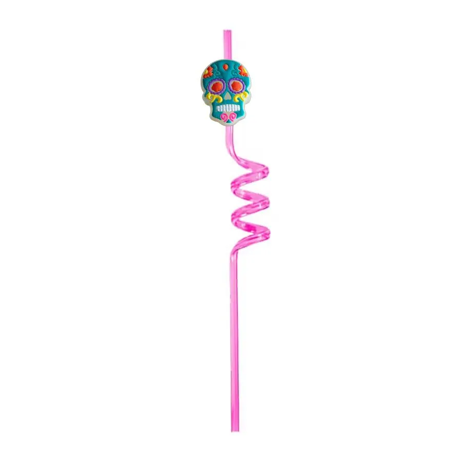 fluorescent skull head themed crazy cartoon straws drinking goodie gifts for kids party pool birthday girls decoration supplies favors reusable plastic straw