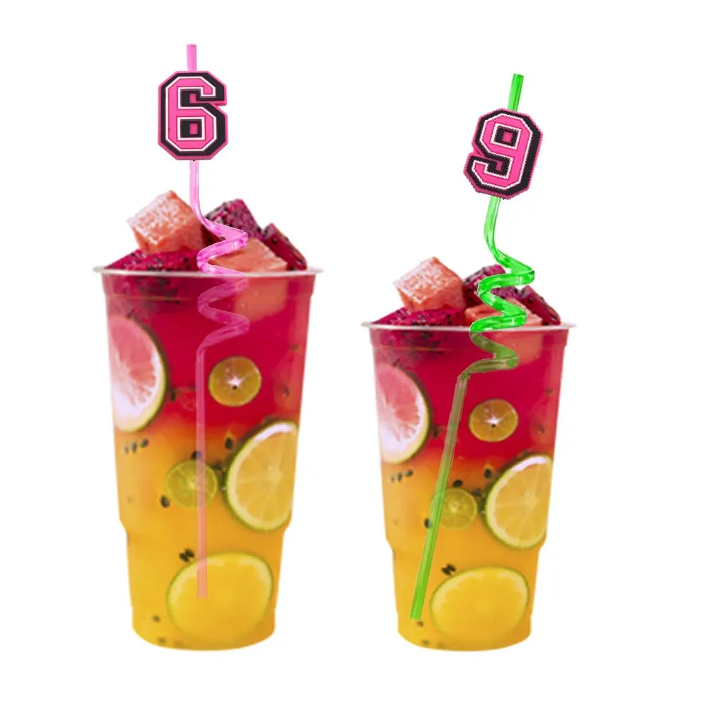 pink number themed crazy cartoon straws plastic drinking for childrens party favors kids girls straw decorations reusable
