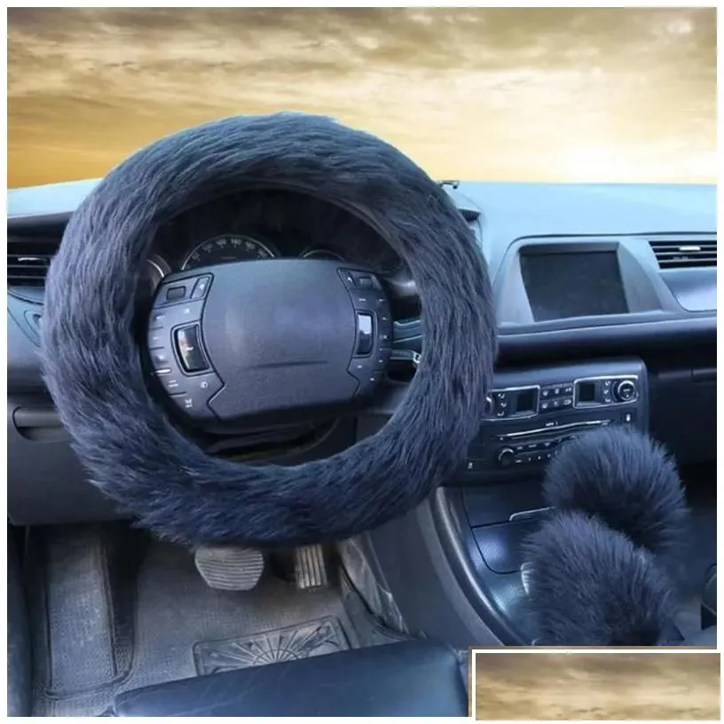 steering wheel covers ers 3pcs car er furry soft p warm accessories 15inch artificial wine red gray brown black drop delivery automobi
