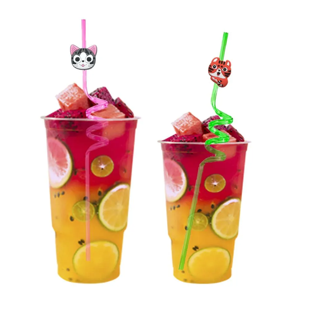 kitten themed crazy cartoon straws drinking for new year party plastic childrens favors supplies decorations birthday summer straw with decoration kids reusable