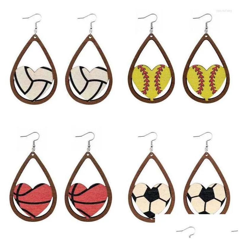 Dangle Earrings Teardrop Accent Wood Football Baseball Basketball Heart For Women Fashion Sport Ball Jewelry