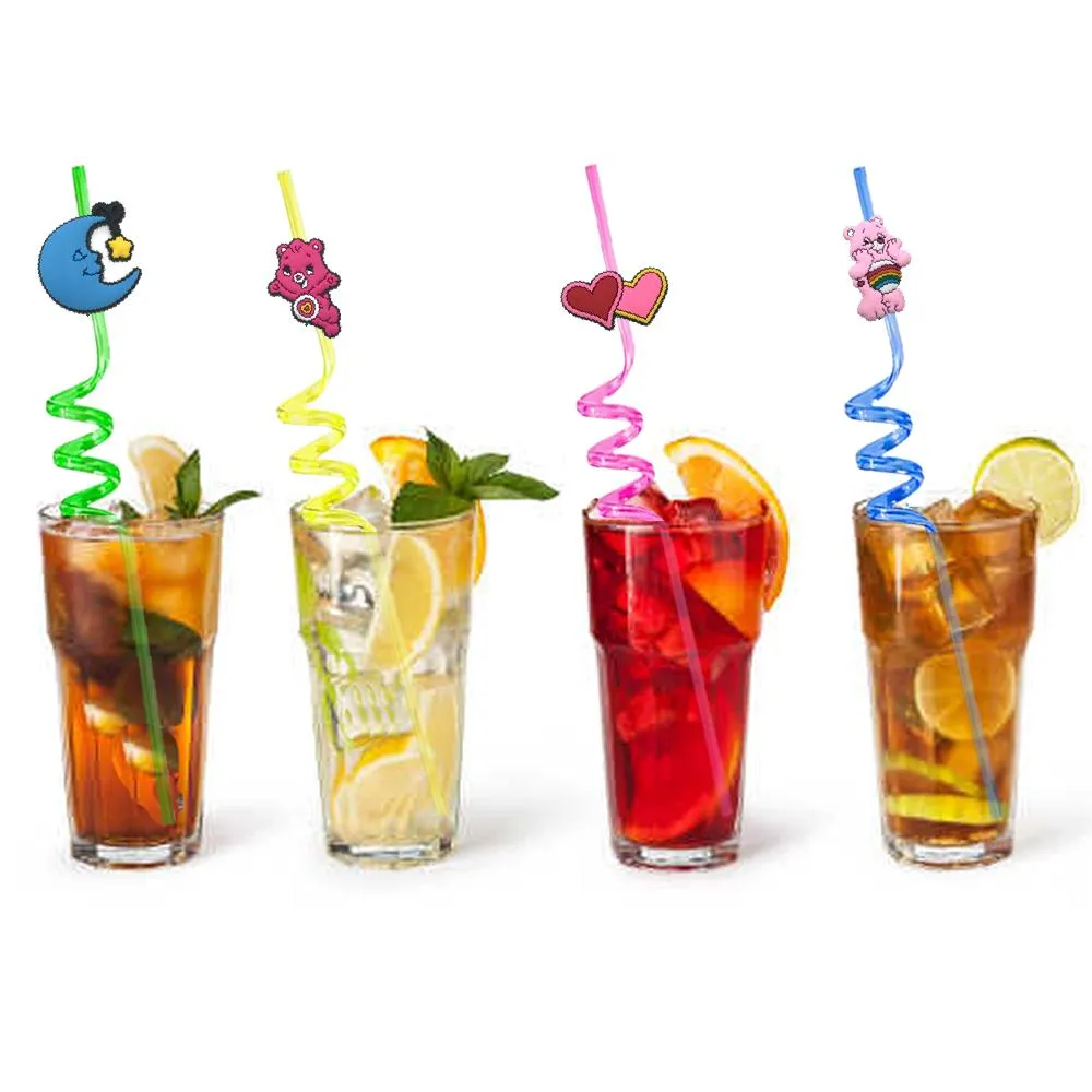 rainbow bear themed crazy cartoon straws drinking supplies for birthday party reusable plastic sea favors kids girls straw