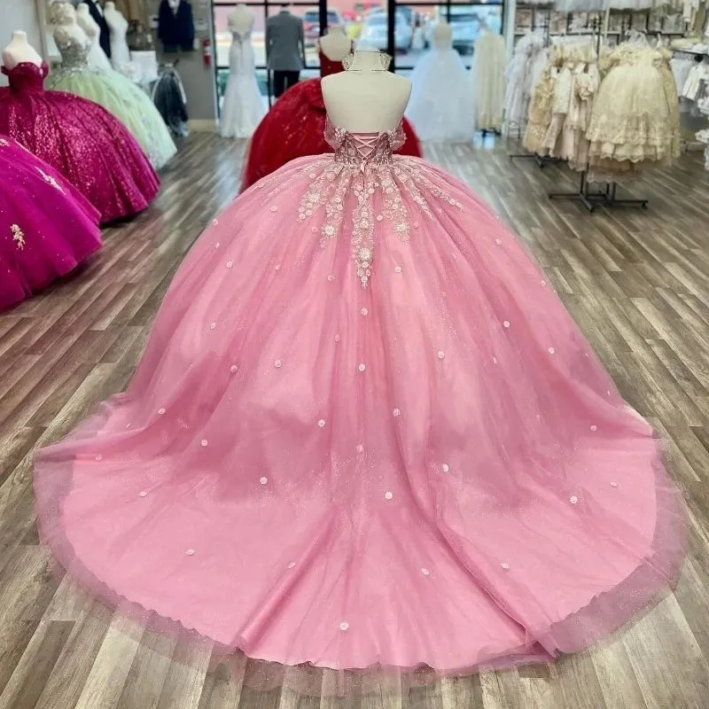 2024 Quinceanera Dresses Pink Luxury 3D Floral Appliques Ball Gown Off Shoulder Crystal Beads Corset Back Sweet 16 Pageant Prom Gowns