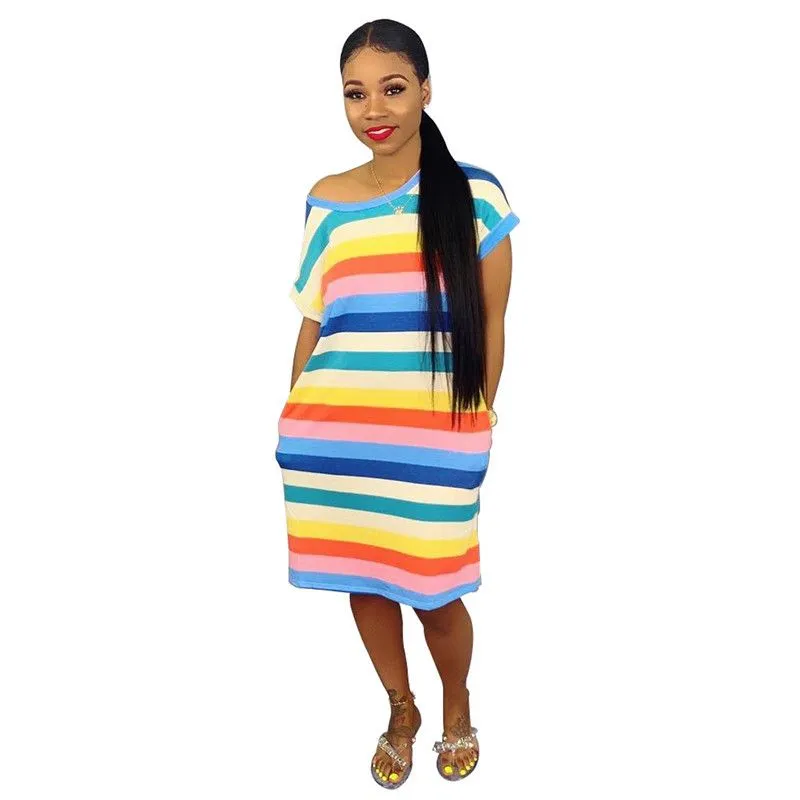 Rainbow Stripe Print Loose Fashion Casual Dress Cozy Lounge Wear 2021 new arrivals