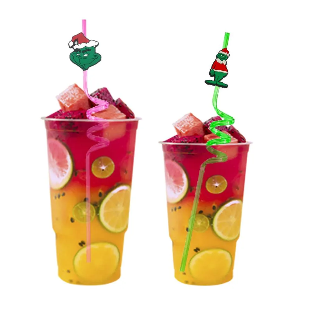 green haired monster christmas themed crazy cartoon straws drinking goodie gifts for kids party birthday decorations summer favors plastic straw girls reusable