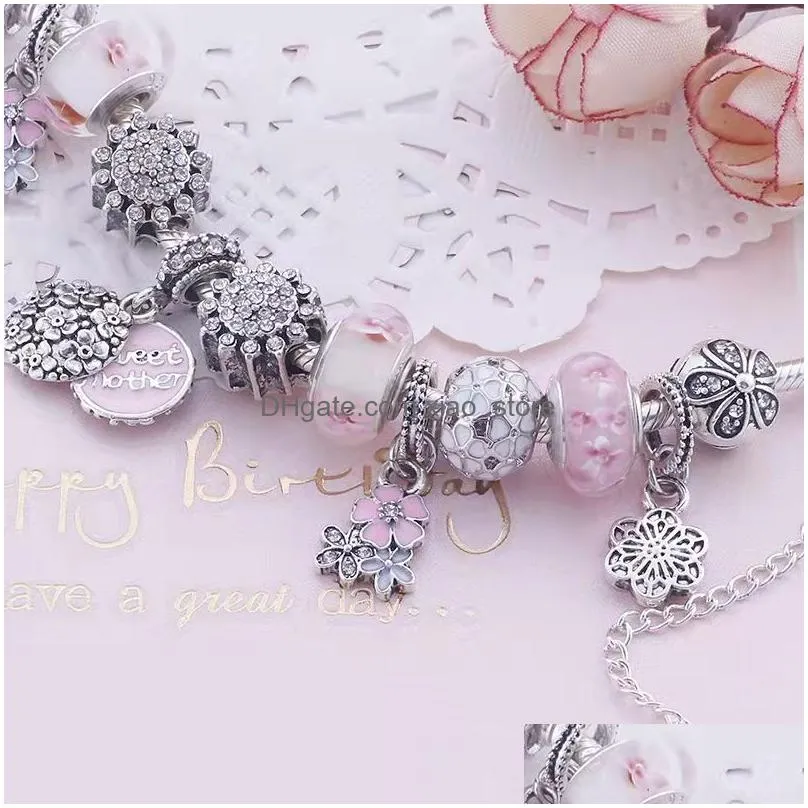 18 to 21cm peach blossom charm bead bracelet sweet mother charms pendant fit silver bangle or snake chain diy jewelry accessories for mothers day