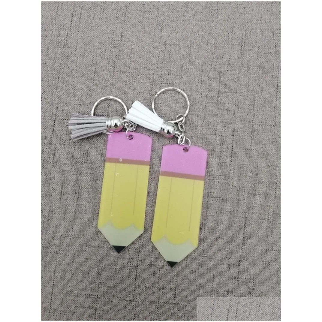 Creative Teachers Day Keychain Fashion Acrylic Pencil Dangle Charms Key Ring Personalize Small Tassel Keyring Festival Party Gift 378